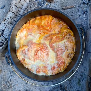 Campfire Lasagna in a Dutch Oven After Baking