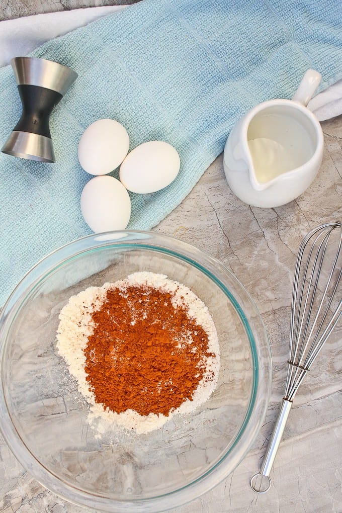 Flour, eggs, cocoa, and milk