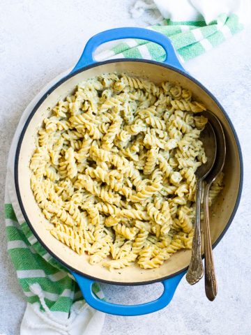 pesto mac and cheese in a serving dish