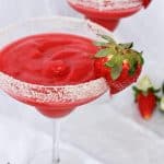 These Frozen Strawberry Rhubarb Margaritas use rhubarb simple syrup and frozen strawberries for a cold and delicious spring cocktail!