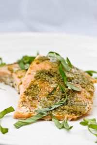This easy Baked Basil Pesto Salmon delicious, ready in minutes, and is perfect for weeknight dinners.