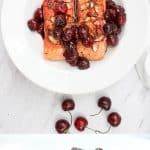 This Almond Cherry Seared Salmon is the perfect date night centerpiece, and features rich king salmon seared to perfection and topped with hot, juicy cherries and toasted almonds. #ad
