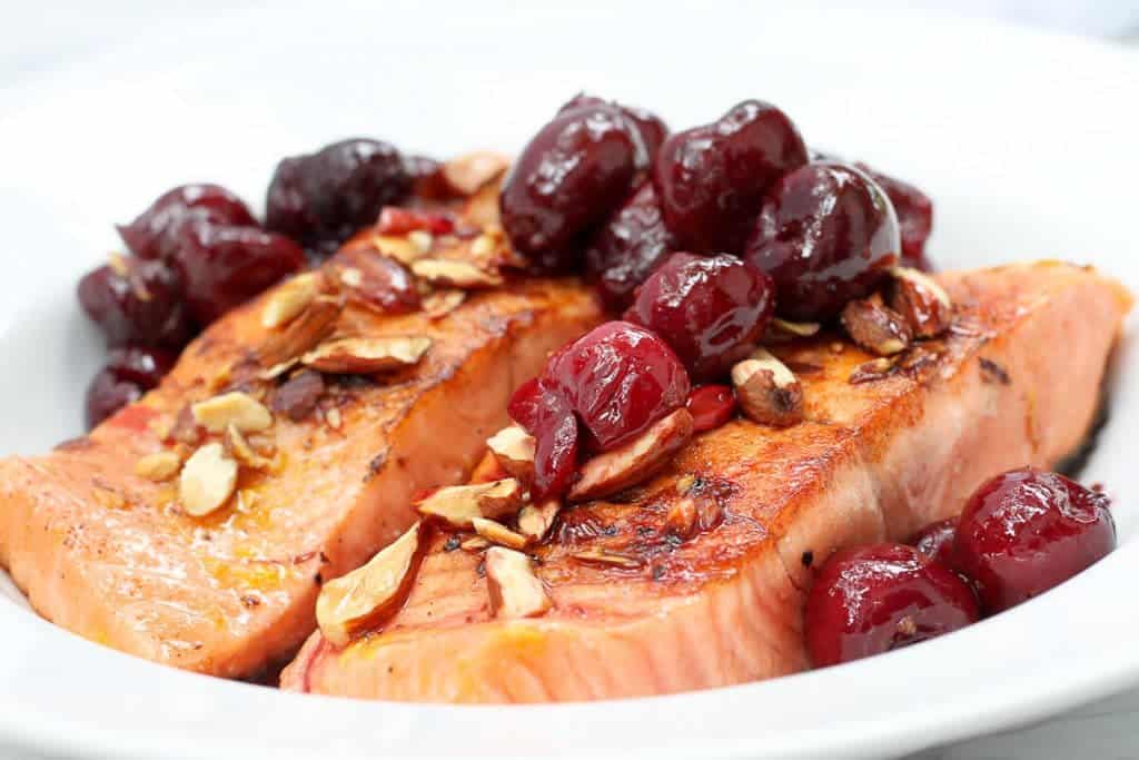 Almond Cherry Seared Salmon in a Serving Dish