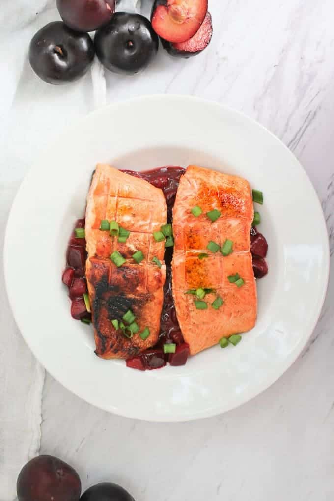 Grilled King Salmon with Plum Sauce in a Serving Dish