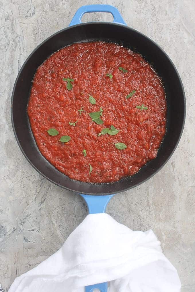 tomato sauce in the baking dish