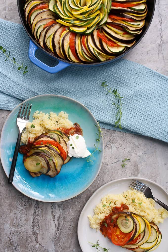 ratatouille tian in a serving dish and on plates