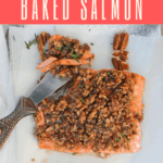 This Baked Pecan Bourbon Salmon is topped with pecans and a maple bourbon sauce, and then baked to juicy, flaky perfection.