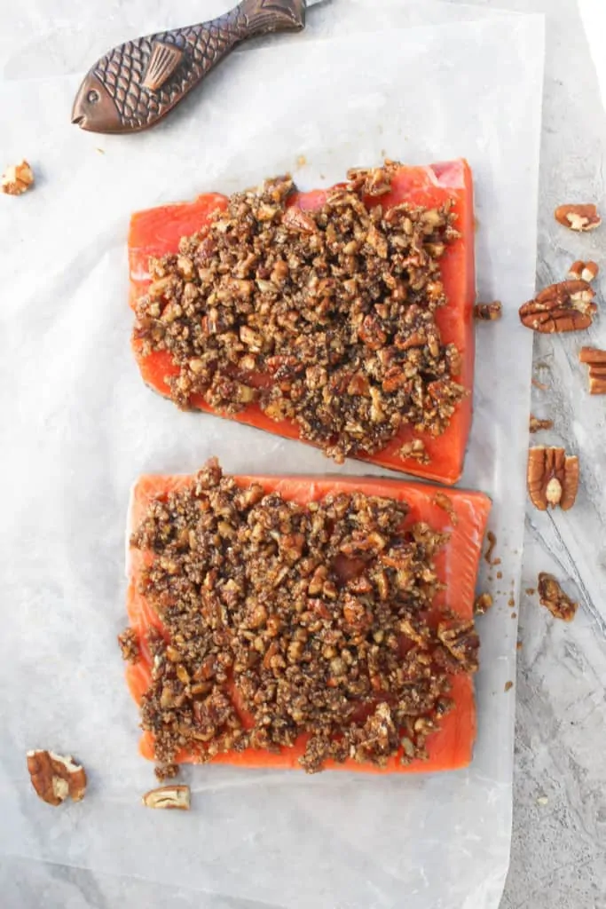 Spread Pecan Mixture on Salmon