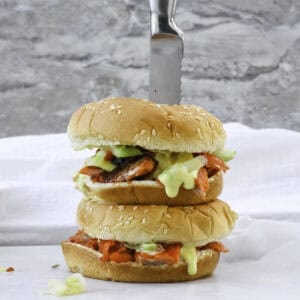 two salmon sandwiches stacked.