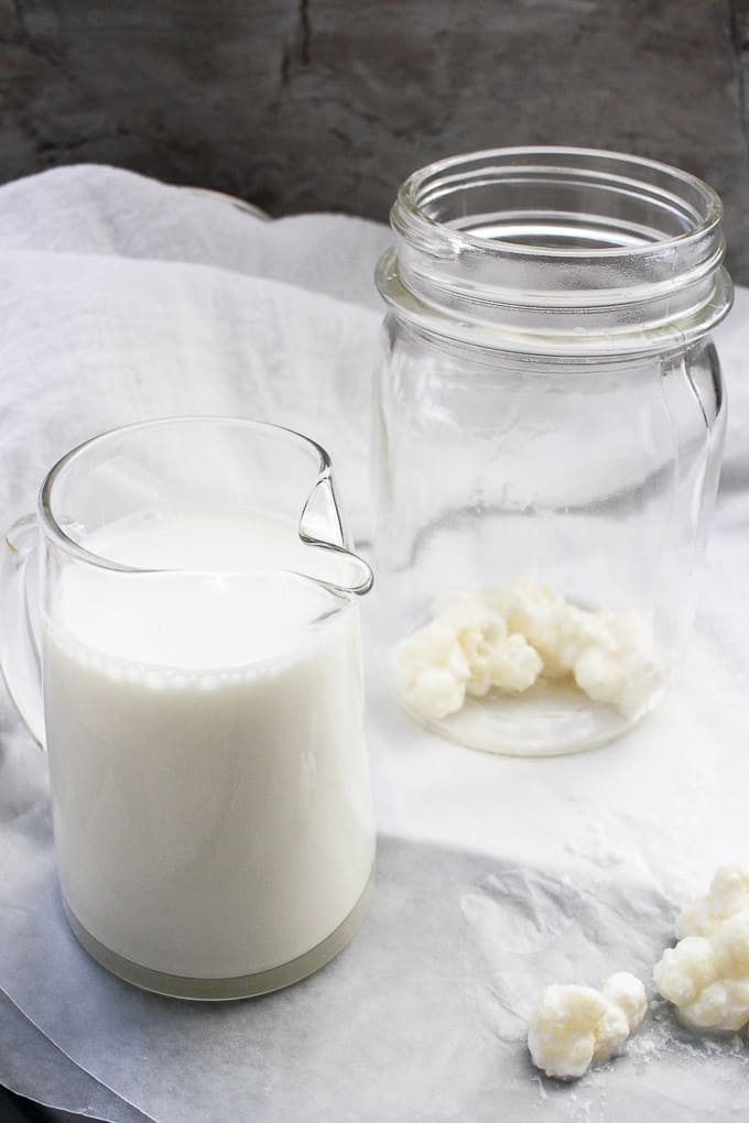 A pitcher of milk beside a glass jar with kefir grains