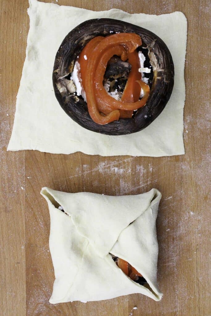 mushroom wellington ingredients layered on pastry dough.