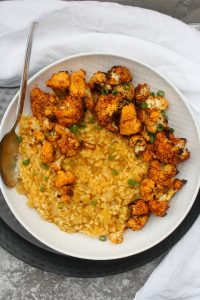 Lemon Risotto with Roasted Cauliflower in a serving bowl