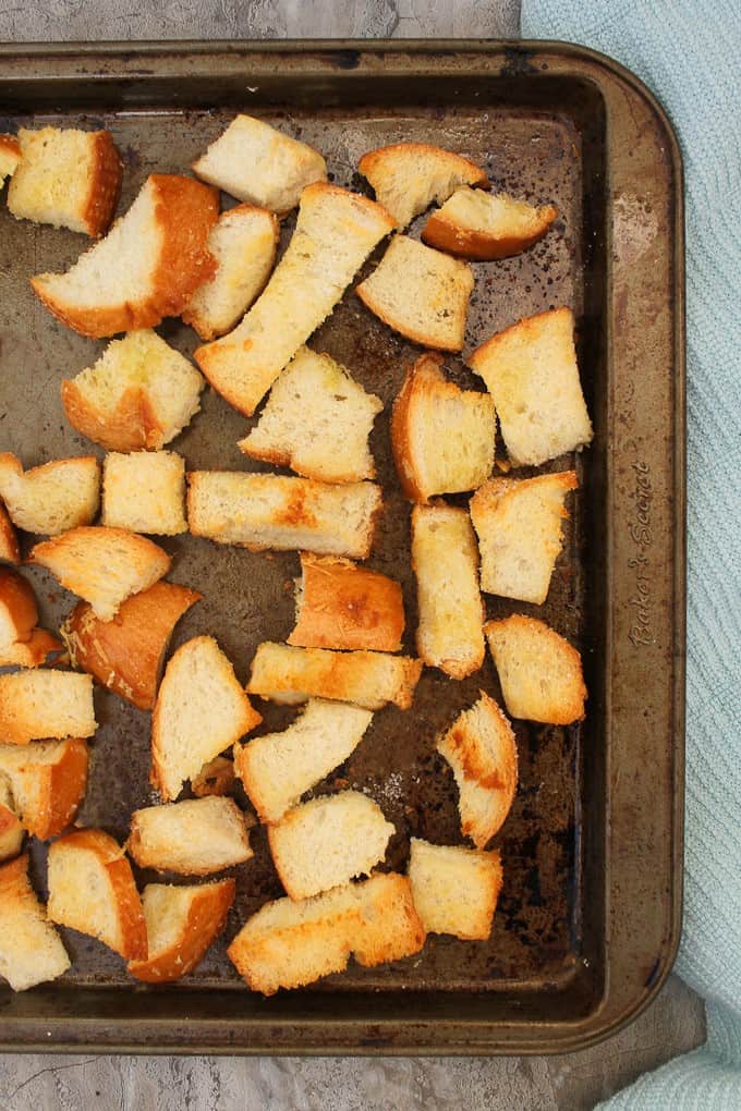 Homemade Croutons on a baking sheet