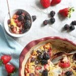 This Flognarde, or Berry Clafoutis, is an easy French cobbler recipe! It uses either fresh or frozen berries, like strawberries, blackberries, blueberries, or raspberries. Perfect for breakfast and dessert!