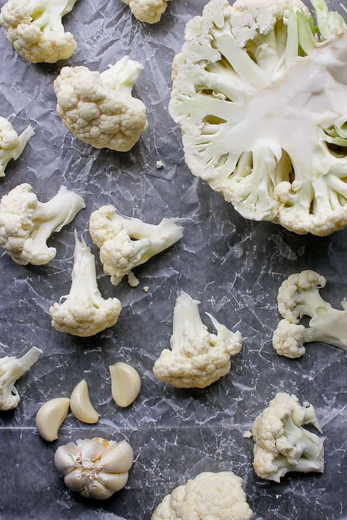 Cauliflower florets and garlic head