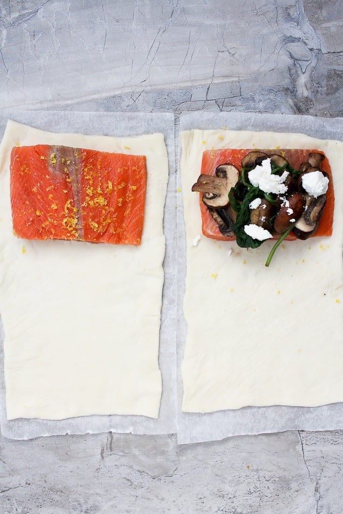 Cut pastry + place salmon on the edge with toppings