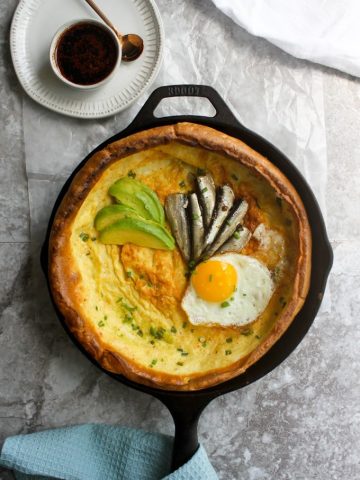 dutch baby korean seafood pancakes with sardines in a 10" lodge cast iron