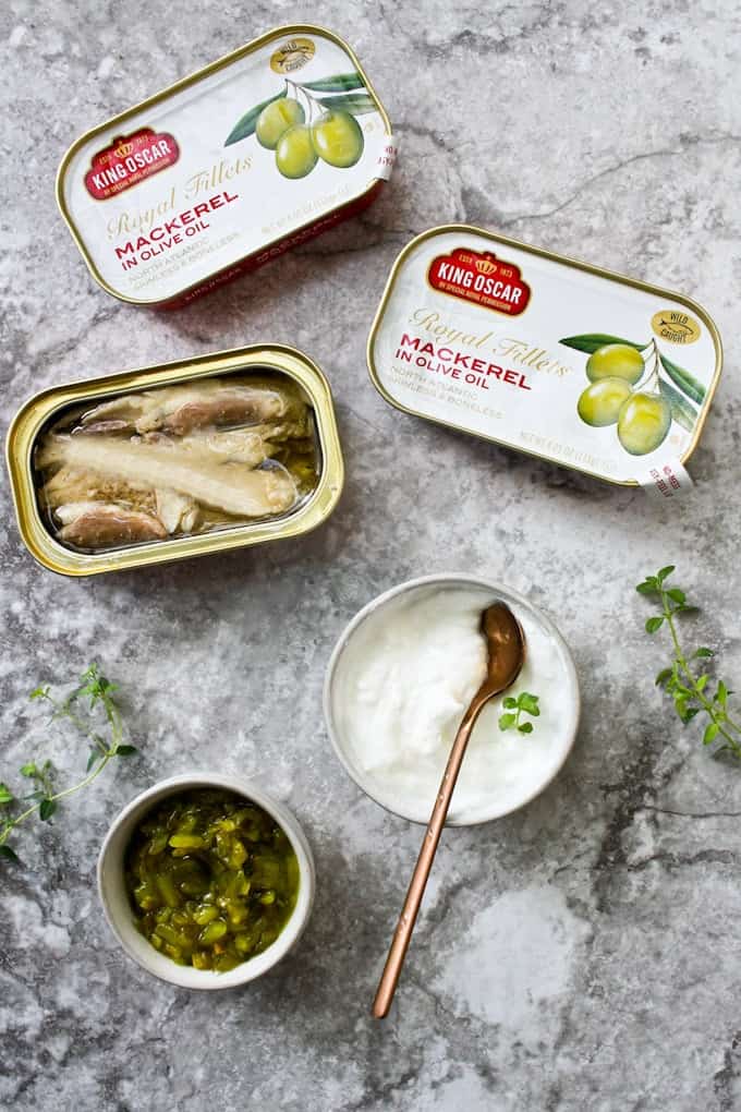 canned mackerel, yogurt, and relish.