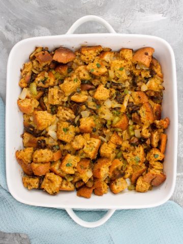 oyster stuffing in a baking pan