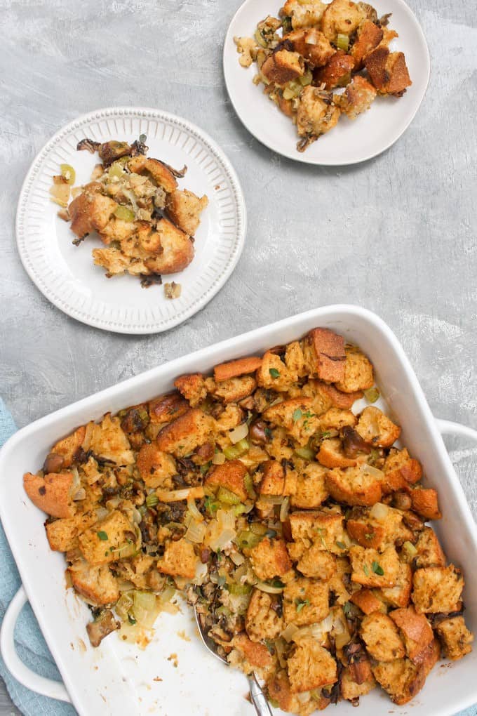 oyster stuffing in a baking dish and on serving plates.