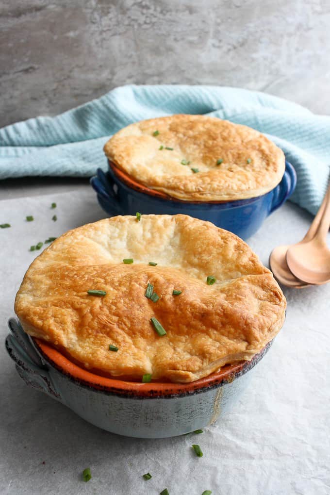 Seafood pot pie in bowls after baking