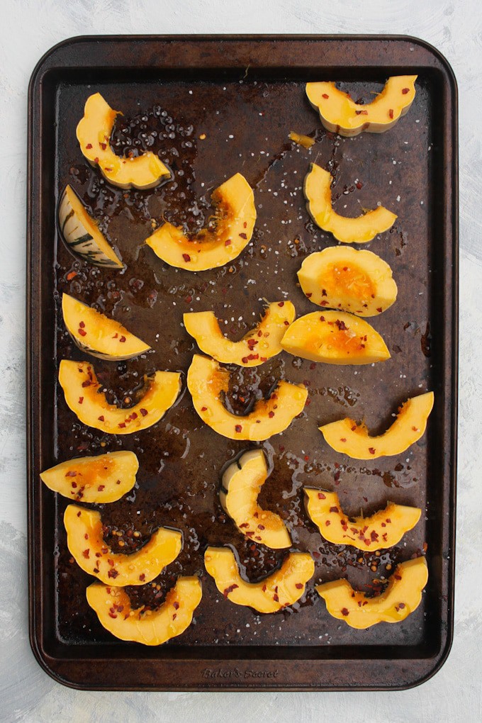 Toss Squash in Spices + Arrange on Baking Tray.