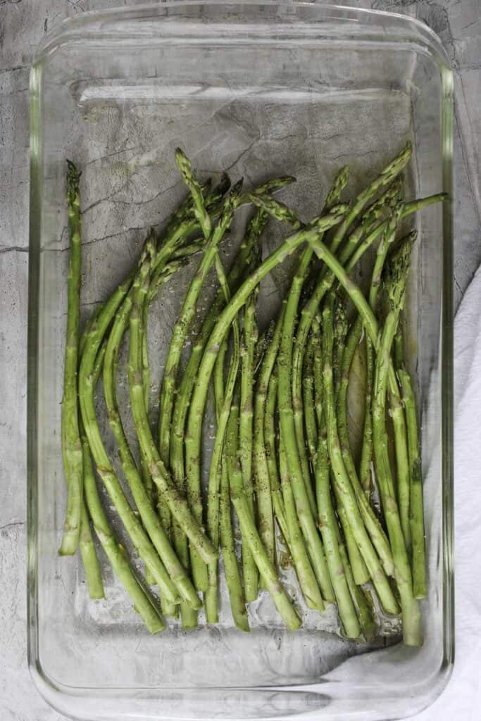 asparagus in baking dish.