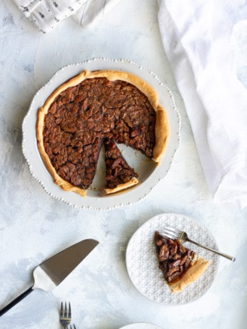 Chocolate Bourbon Pecan Pie on a serving table