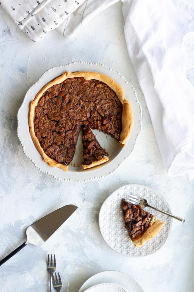 Chocolate Bourbon Pecan Pie on a serving table