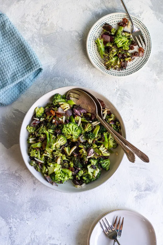 broccoli raisin salad in a serving dish