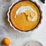 This easy lemon pie is a tart dessert made with whole Meyer lemons! Simply blend the filling ingredients together in a blender, bake, and serve!