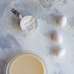 crepe batter with eggs, flour, and butter