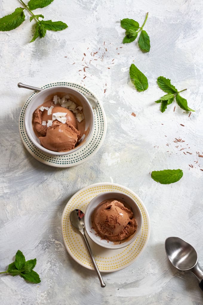 chocolate mint ice cream in serving bowls