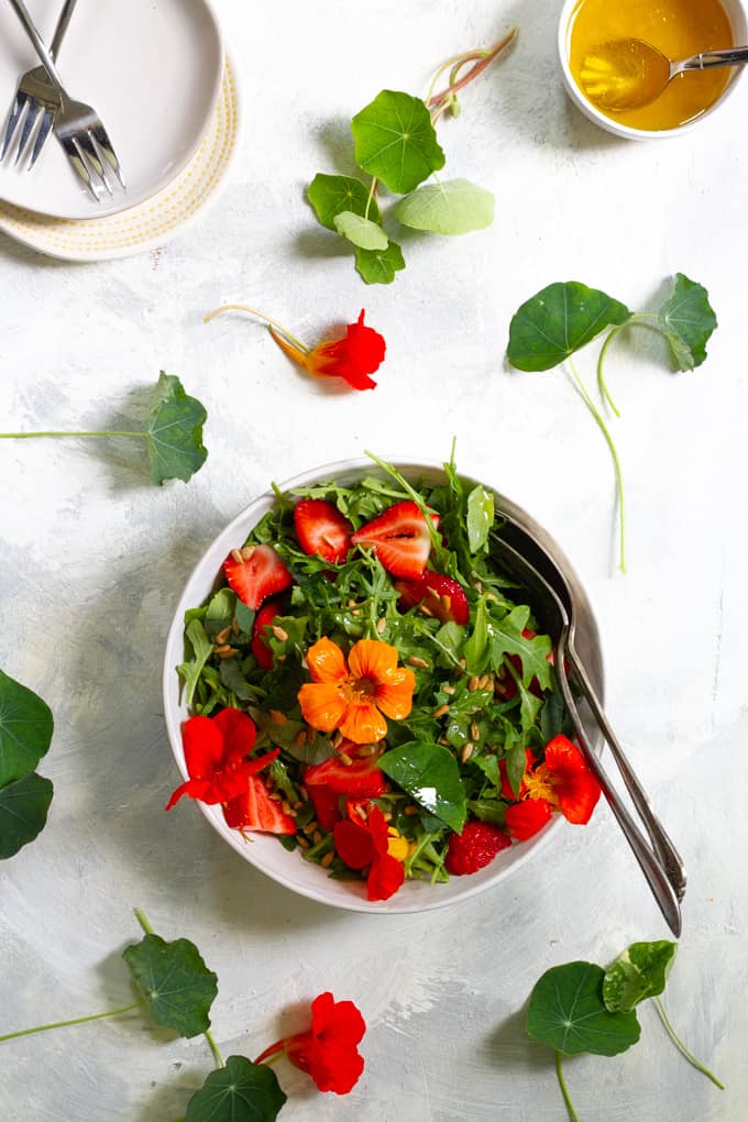 nasturtium salad with strawberries and vinaigrette