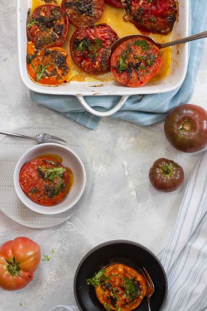 baked tomatoes in a serving dish