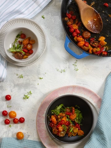 slow-roasted tomatoes in serving dishes
