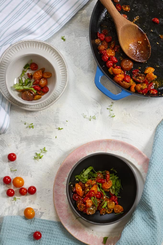 slow-roasted tomatoes in serving dishes