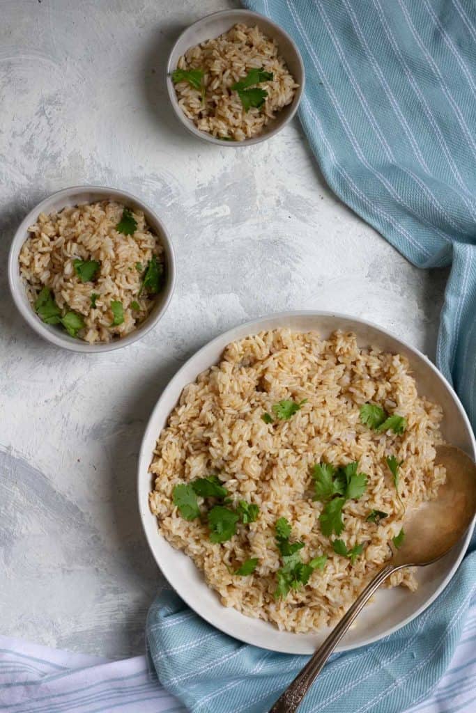 Instant pot brown rice in serving bowl