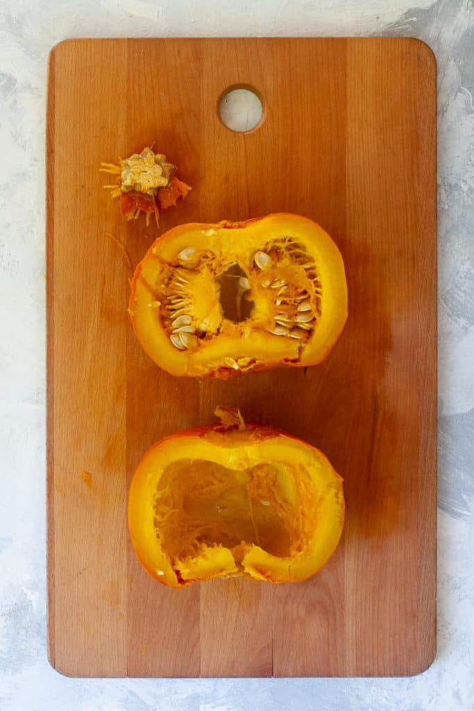 Cut the Pumpkin in Half + Remove Seeds