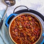 This spicy vegan beer chili is made with beans, peppers, tomatoes, and (of course) beer. It's an easy cold-weather stew that's perfect for Game Day!