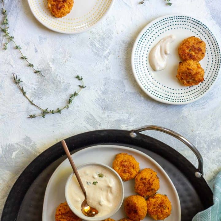 Mini Crab Cakes (Canned Crab Recipe) with Spicy Yogurt Sauce