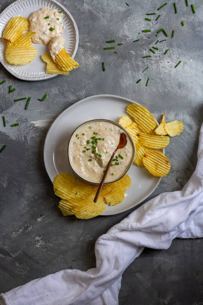 caramelized onion dip with potato chips