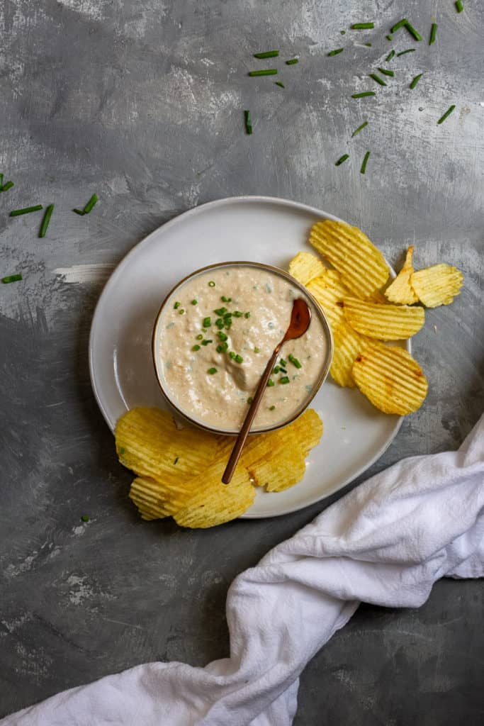 caramelized onion dip with potato chips