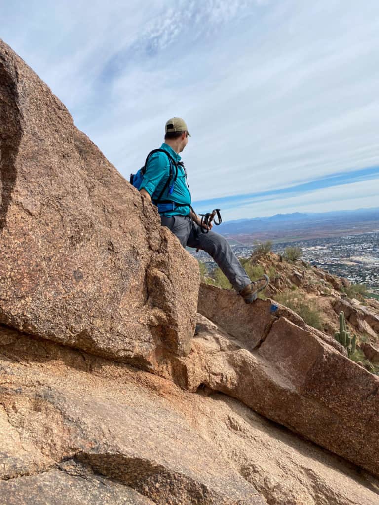 Hiking Camelback Mountain - Starting Descent on Cholla Trail with rock scrambling.