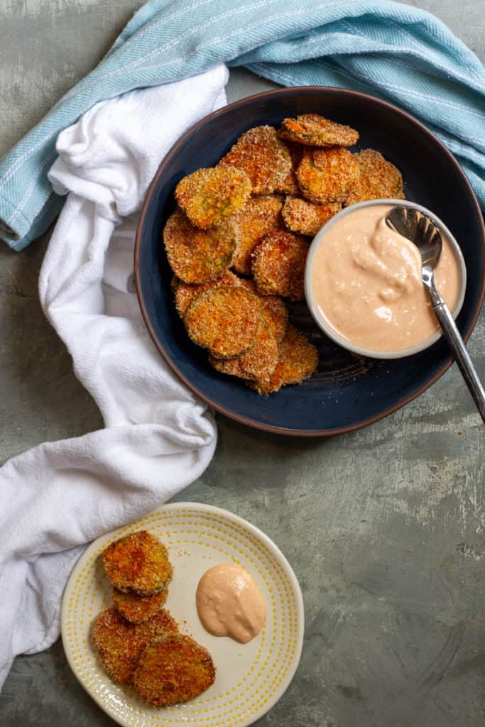 Air fried pickles in a serving dish
