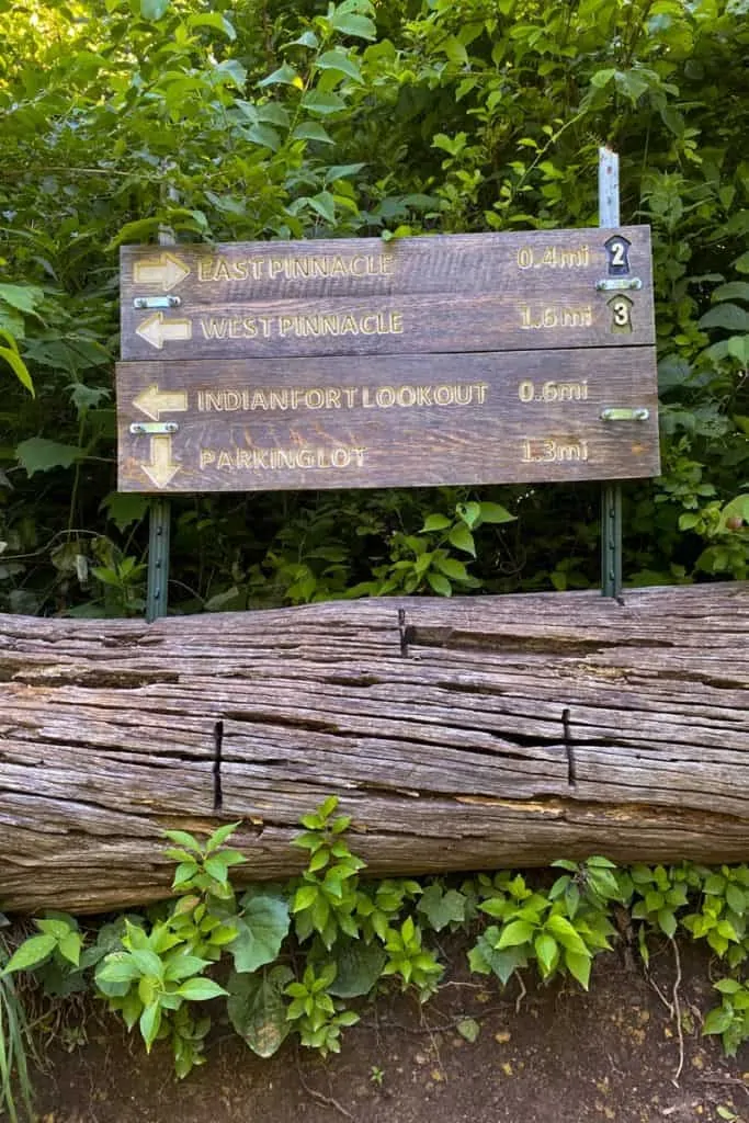 Trail Marker for East Pinnacle Trail, West Pinnacle, and Indian Fort Lookout.