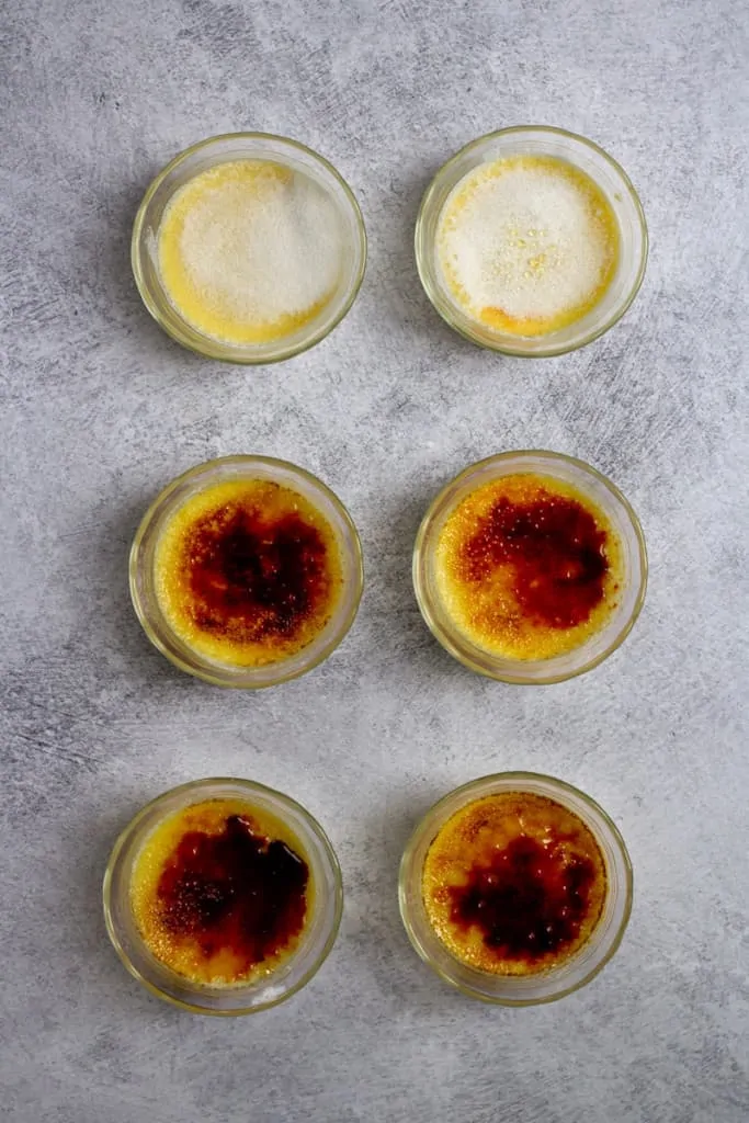 lavender crème brûlée in ramekins after adding sugar topping and broiling.