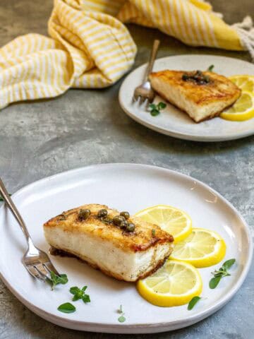 pan-seared halibut fillets on a plate.
