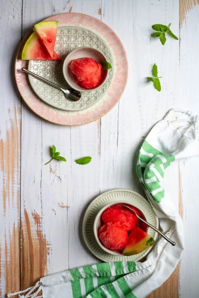 Watermelon Sorbet with Mint in Bowls