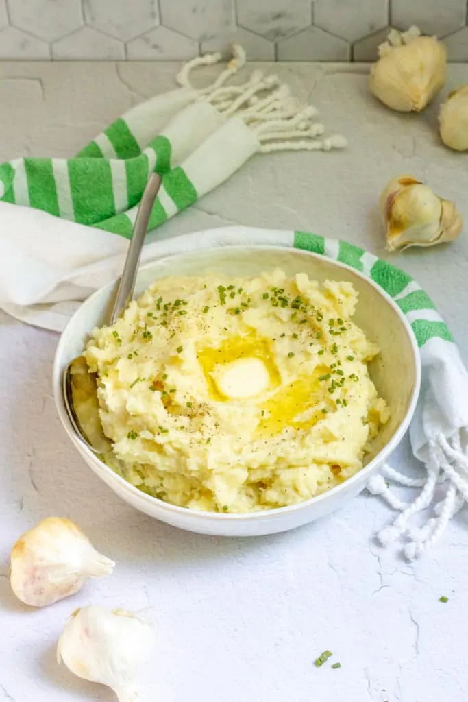 French mashed potatoes in a serving bowl.